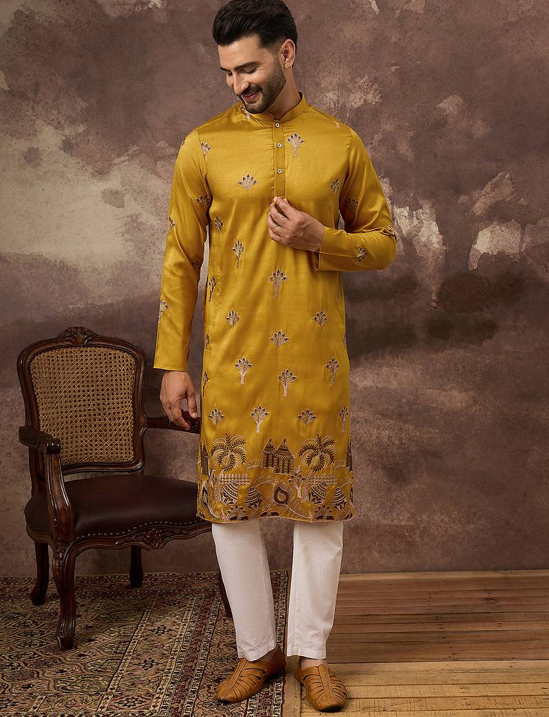 Men yellow silk blend solid embroidered straight kurta and trouser