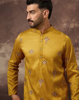 Men yellow silk blend solid embroidered straight kurta and trouser 2