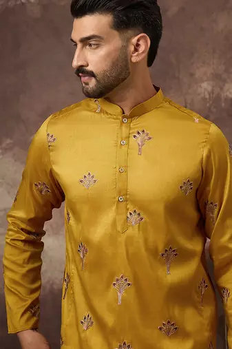 Men yellow silk blend solid embroidered straight kurta and trouser