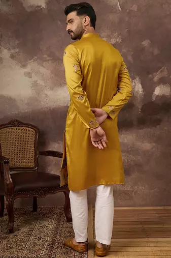 Men yellow silk blend solid embroidered straight kurta and trouser