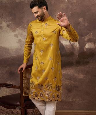 Men yellow silk blend solid embroidered straight kurta and trouser 5
