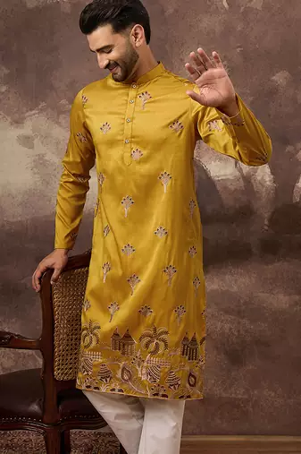 Men yellow silk blend solid embroidered straight kurta and trouser