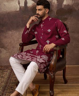 Men maroon silk blend solid embroidered straight kurta and trouser 1