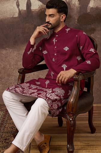 Men maroon silk blend solid embroidered straight kurta and trouser