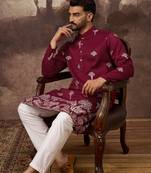 Men maroon silk blend solid embroidered straight kurta and trouser