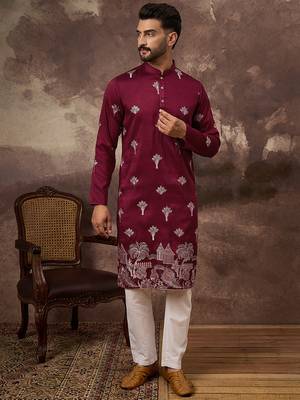 Men maroon silk blend solid embroidered straight kurta and trouser 2