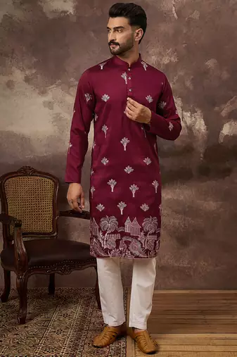Men maroon silk blend solid embroidered straight kurta and trouser