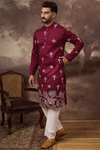 Men maroon silk blend solid embroidered straight kurta and trouser