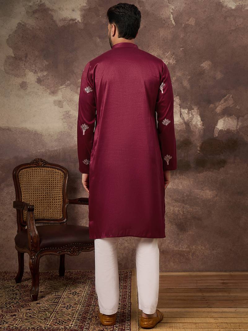Men maroon silk blend solid embroidered straight kurta and trouser