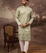 Men green silk blend solid embroidered straight kurta and trouser
