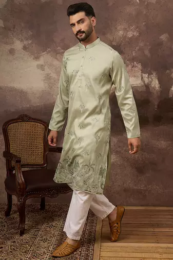Men green silk blend solid embroidered straight kurta and trouser