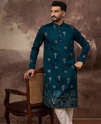 Men blue silk blend solid embroidered straight kurta and trouser 1