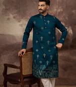 Men blue silk blend solid embroidered straight kurta and trouser