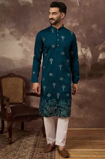 Men blue silk blend solid embroidered straight kurta and trouser