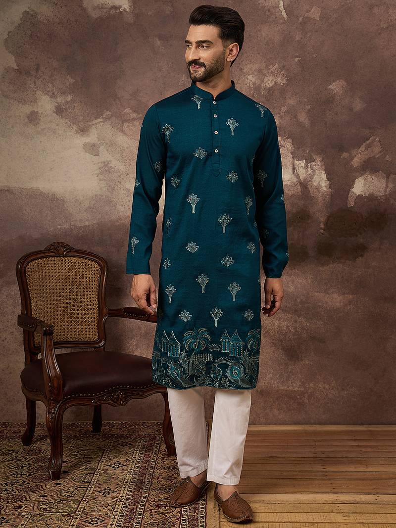 Men blue silk blend solid embroidered straight kurta and trouser