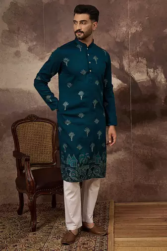 Men blue silk blend solid embroidered straight kurta and trouser