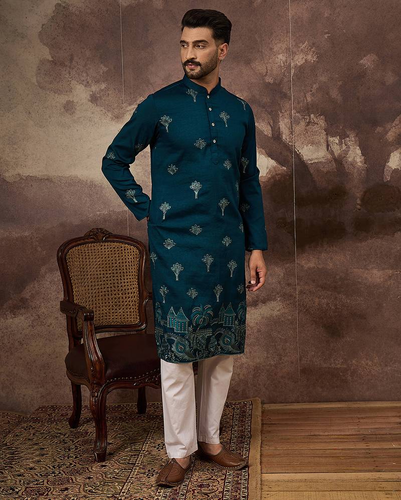 Men blue silk blend solid embroidered straight kurta and trouser