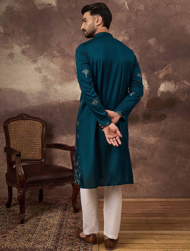Men blue silk blend solid embroidered straight kurta and trouser