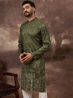 Men green silk blend solid embroidered straight kurta and trouser 1