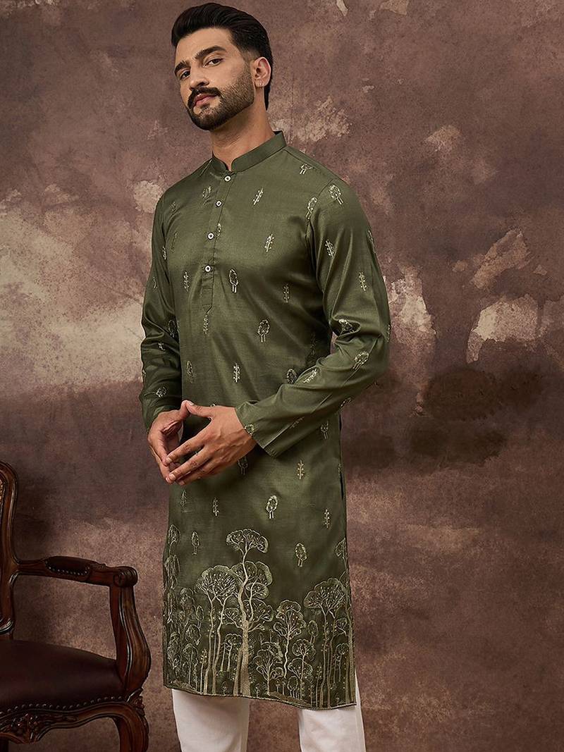 Men green silk blend solid embroidered straight kurta and trouser