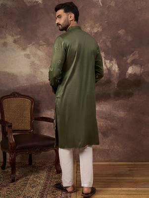 Men green silk blend solid embroidered straight kurta and trouser 2