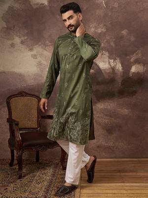 Men green silk blend solid embroidered straight kurta and trouser 5