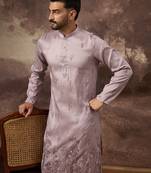 Men lavender silk blend solid embroidered straight kurta and trouser