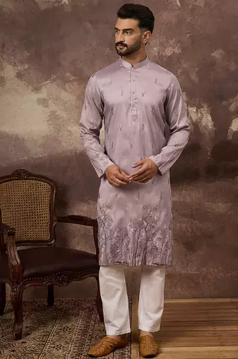 Men lavender silk blend solid embroidered straight kurta and trouser