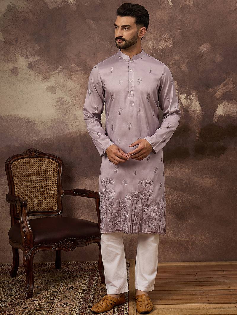 Men lavender silk blend solid embroidered straight kurta and trouser