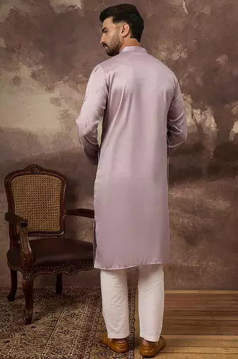 Men lavender silk blend solid embroidered straight kurta and trouser