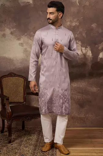 Men lavender silk blend solid embroidered straight kurta and trouser