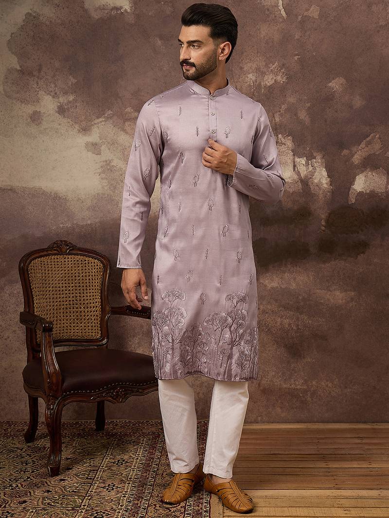 Men lavender silk blend solid embroidered straight kurta and trouser