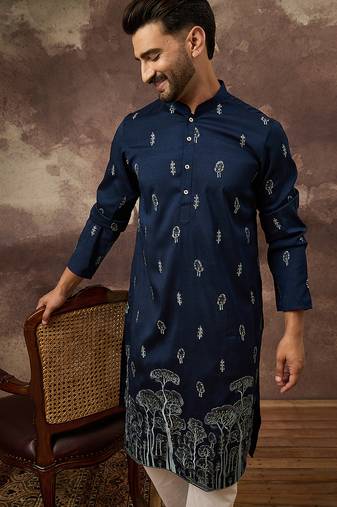 Men navy blue silk blend solid embroidered straight kurta and trouser
