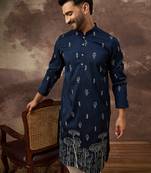 Men navy blue silk blend solid embroidered straight kurta and trouser