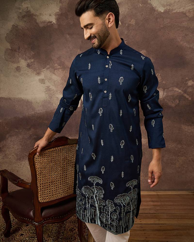Men navy blue silk blend solid embroidered straight kurta and trouser