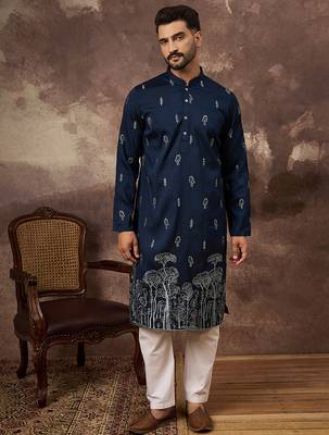 Men navy blue silk blend solid embroidered straight kurta and trouser 2