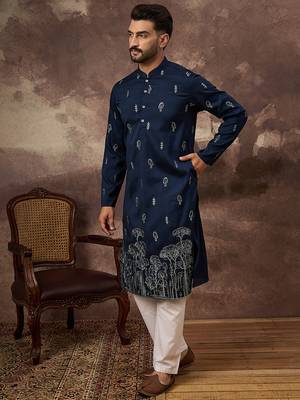 Men navy blue silk blend solid embroidered straight kurta and trouser 3