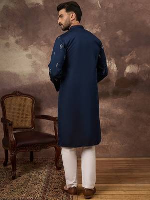 Men navy blue silk blend solid embroidered straight kurta and trouser 4
