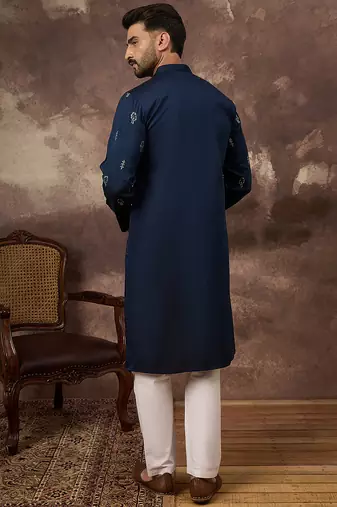 Men navy blue silk blend solid embroidered straight kurta and trouser