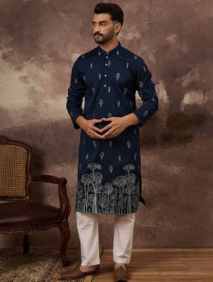 Men navy blue silk blend solid embroidered straight kurta and trouser 5