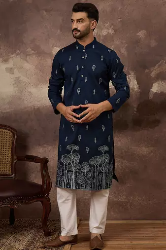 Men navy blue silk blend solid embroidered straight kurta and trouser