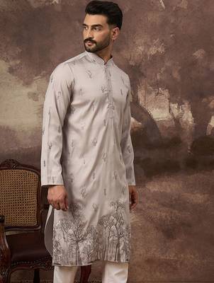 Men grey silk blend solid embroidered straight kurta and trouser 1