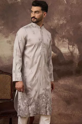 Men grey silk blend solid embroidered straight kurta and trouser