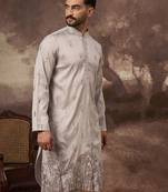 Men grey silk blend solid embroidered straight kurta and trouser