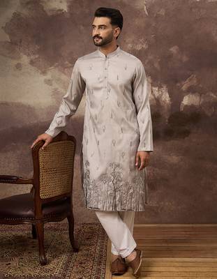 Men grey silk blend solid embroidered straight kurta and trouser 2