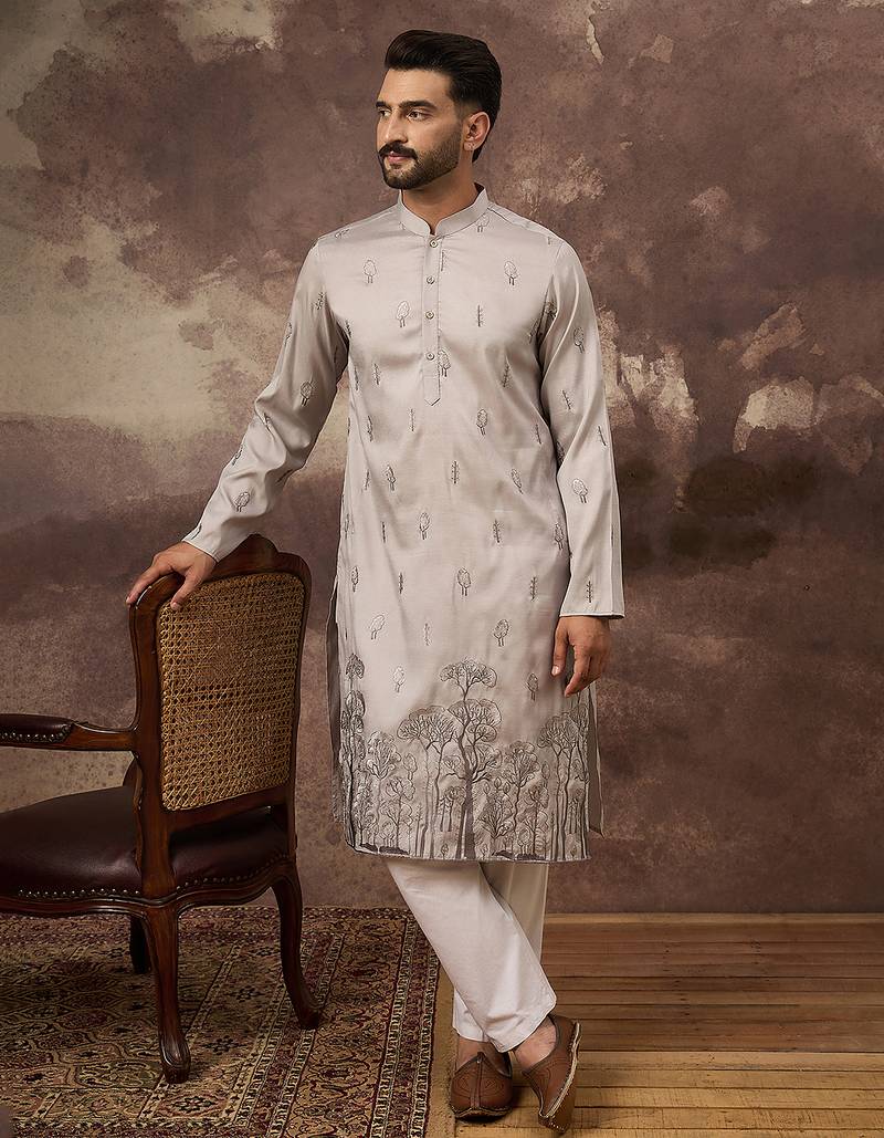 Men grey silk blend solid embroidered straight kurta and trouser