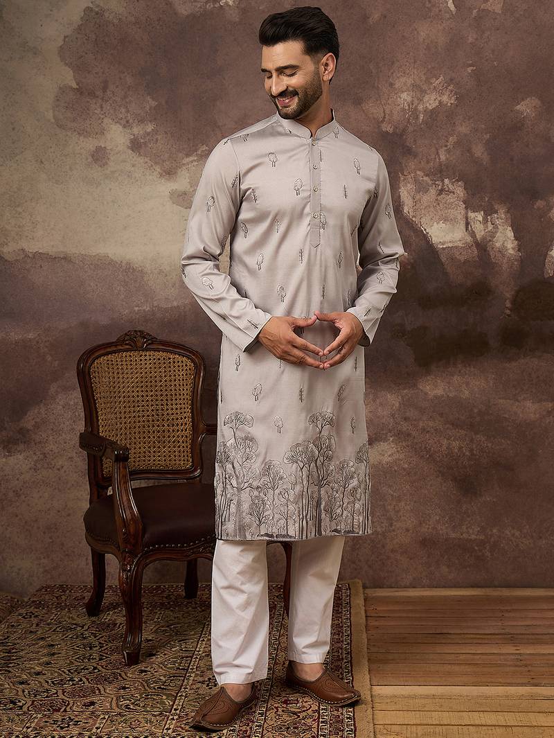 Men grey silk blend solid embroidered straight kurta and trouser