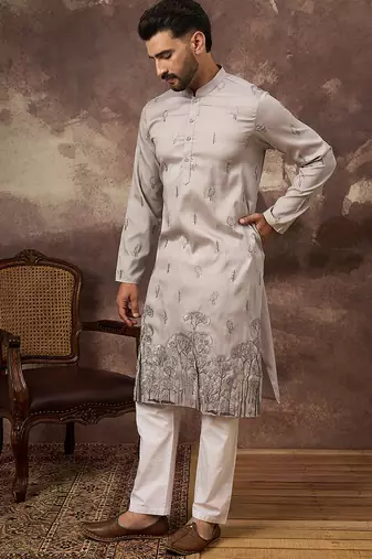 Men grey silk blend solid embroidered straight kurta and trouser