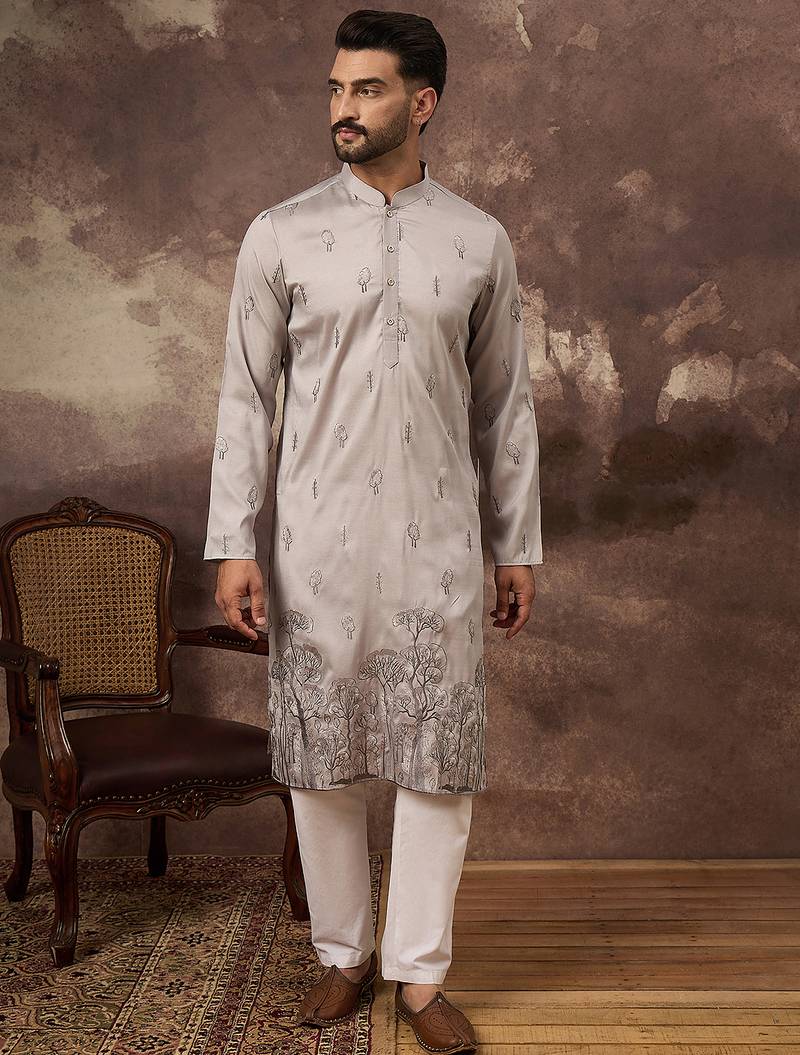 Men grey silk blend solid embroidered straight kurta and trouser