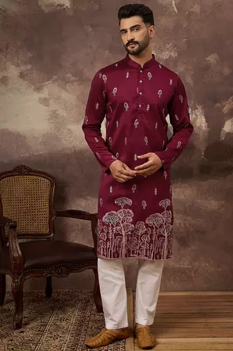 Men maroon silk blend solid embroidered straight kurta and trouser